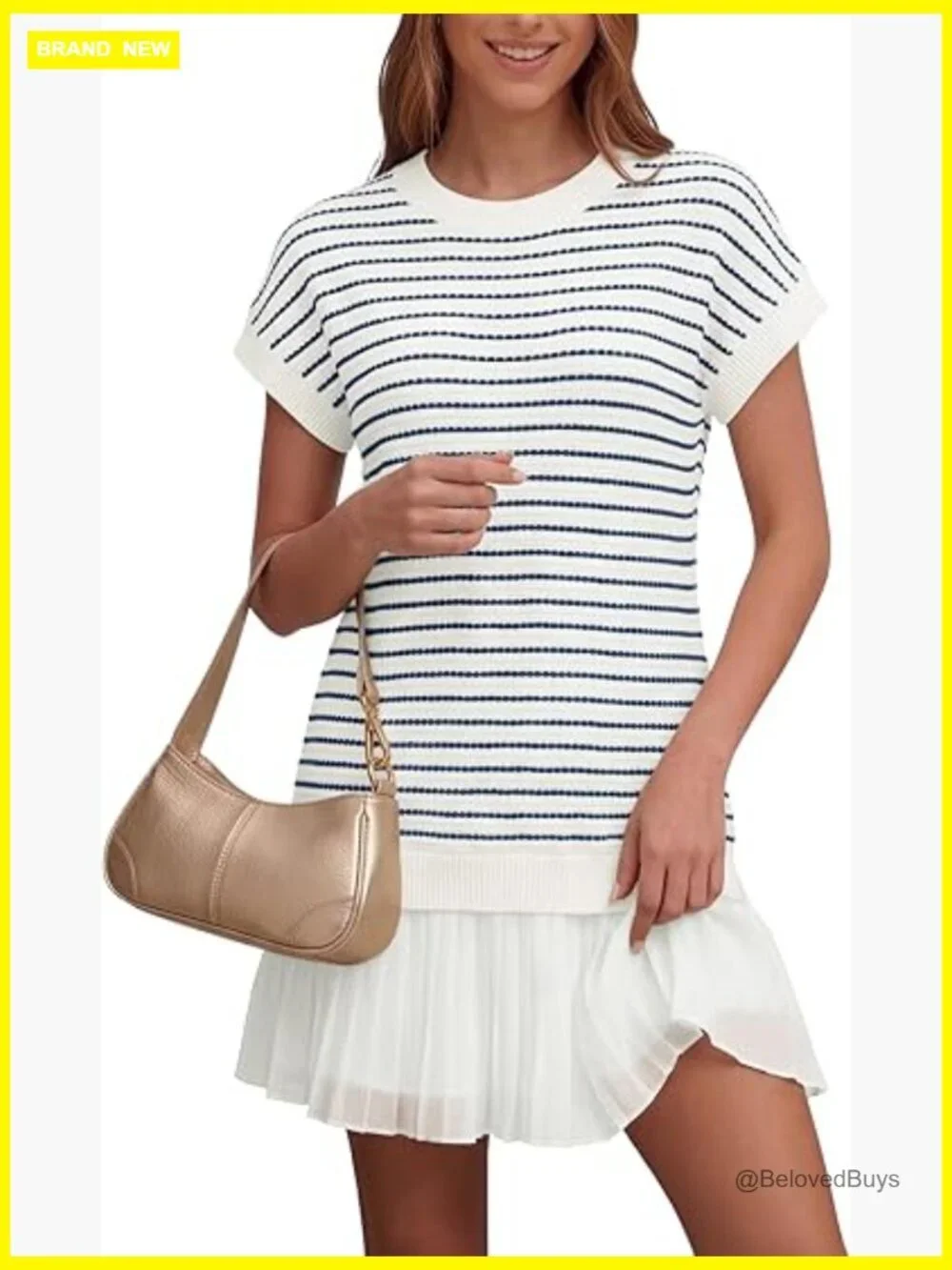 Striped Knit Mini Sundress with Pleated Chiffon Hem Preppy Casual